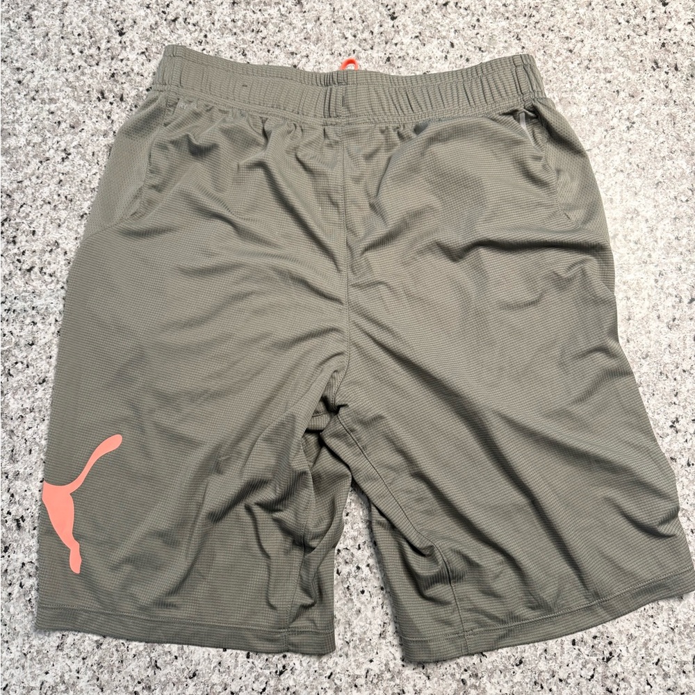 Puma Men's Athletic Shorts in Olive with Coral Logo